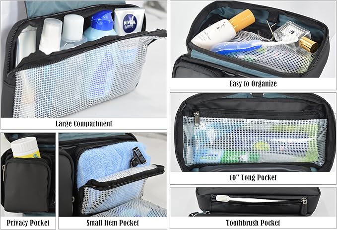 WELKINLAND 6-Pockets Toiletry bag, Shaving bag, Shower bags men, Mens bathroom bag, Hygiene bag men, Mens overnight bag toiletries, Mens toiletry bags traveling, Hanging toiletry bag men, Black