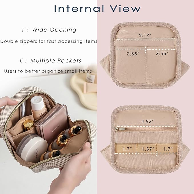Small Canvas Makeup Bag with Compartments for Purse, Wide-open Makeup Pouch with Zipper and Keychain, Key Pocket Lipstick Bag Travel Organizer Bag（01Beige）