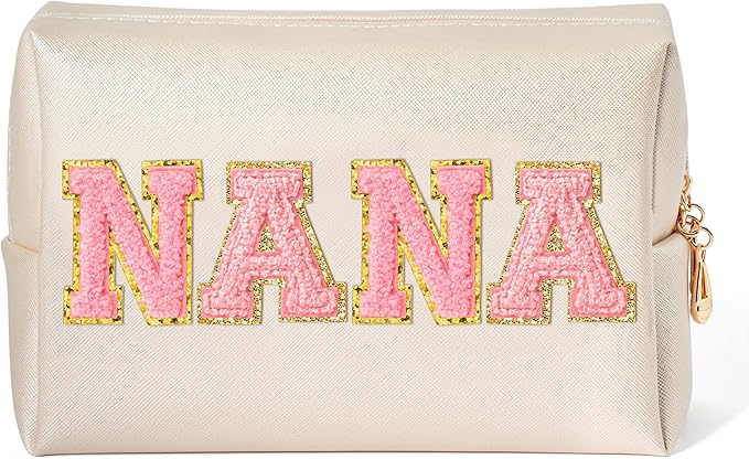 CY2SIDE NANA Letter Makeup Bag - Pink Nana Chenille Letter Patch Cosmetic Bag for Grandma Women Shell Gold PU Leather Patch Pouch Waterproof Portable Zipper Travel Organizer Gift for Mother's Day