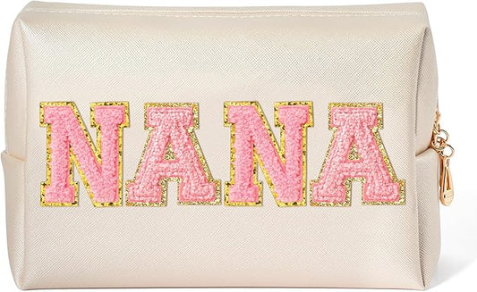 CY2SIDE NANA Letter Makeup Bag - Pink Nana Chenille Letter Patch Cosmetic Bag for Grandma Women Shell Gold PU Leather Patch Pouch Waterproof Portable Zipper Travel Organizer Gift for Mother's Day