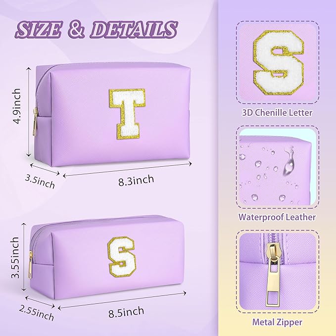 TOPEAST Travel Makeup Bag, Initial Cosmetic Organizer, PU Leather Chenille Letters, Waterproof Toiletry Bag, Travel Essentials, Personalized Gifts for Women, Purple B