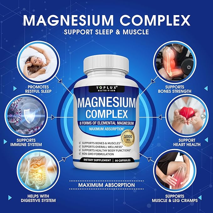 Toplux, Magnesium Complex Supplement 8 Elemental 1000mg - Magnesium Glycinate, Citrate, Malate, Taurate, Chelated for Easy Absorption for Bones, Muscle, Recovery, Energy, Vegan Non-GMO 90 Capsules