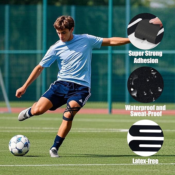 Precut Kinesiology Tape for Knees,12 Pcs – Elastic Knee Support & Stability, Pain Relief – Waterproof, Breathable, Hypoallergenic Athletic Tape (Black)
