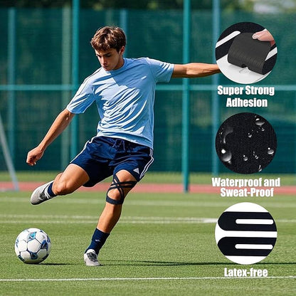 Precut Kinesiology Tape for Knees,12 Pcs – Elastic Knee Support & Stability, Pain Relief – Waterproof, Breathable, Hypoallergenic Athletic Tape (Black)
