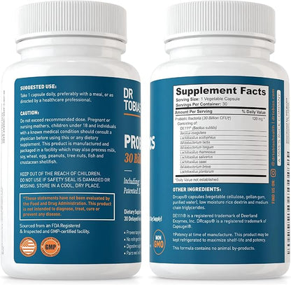 Dr. Tobias Probiotics 30 Billion, 10 Strains, 30 Billion CFU's, Targeted Release Probiotics for Digestive Health, Shelf-Stable Probiotics for Women & Men, Non-GMO, 30 Capsules, 30 Servings