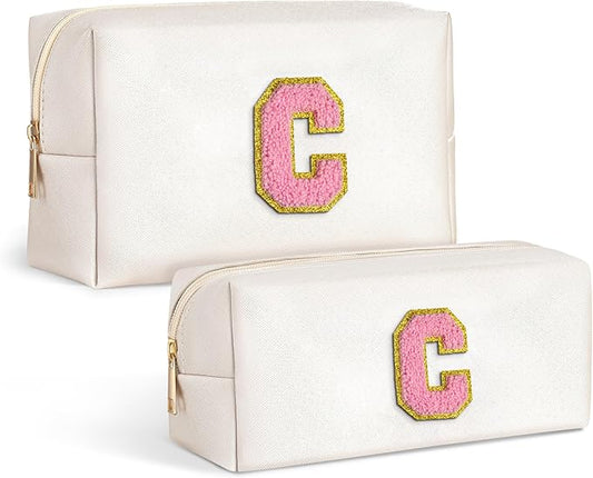 TOPEAST Initial Makeup Bag, Preppy Portable Chenille Letter Cosmetic Bag with Zipper, 2 PCS PU Leather Waterproof Makeup Pouch Makeup Organizer Bag Preppy Stuff For Female, White C