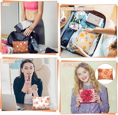 Kajaia 12 Pcs Daisy Floral Makeup Bags Bulk Fall Autumn Cosmetic Toiletry Bags Cute Portable Travel Purse Organizer Storage Zipper Pouch for Thanksgiving Christmas Women Adult Aesthetic Stuff