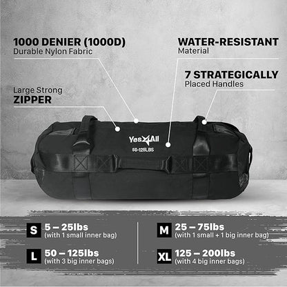 Yes4All Sandbags for Working Out, Adjustable Sand Bags for Weight Training with Handles, Multiple Colors & Sizes 5-200lbs
