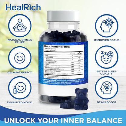 Stress Relief Gummies - 1500MG 5HTP with L-Theanine Gaba & L-Tyrosine - Ashwagandha Herbal Supplement Supports Intellectual Alertness Vegan Brain Mood Booost Supplements for Kids & Adults Made in USA