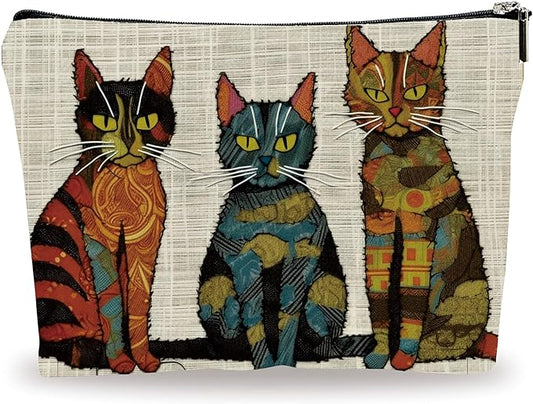 Vintage Makeup Bag - Three Cute Cats - Art Drawing Theme Cosmetic Bag, Toiletry Bag, Gift For Girls, Besties, Personal Care & Accessories - A23
