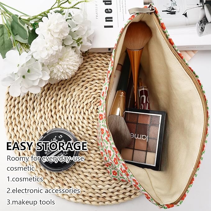 ZLFSRQ Flower Makeup Bag Travel Cute Floral Cosmetic Bag for Women Girls Small Red Flower Makeup Zipper Portable Storage Toiletry Pouch for Purse Aesthetic Christmas Essential Cosmetic Organizer