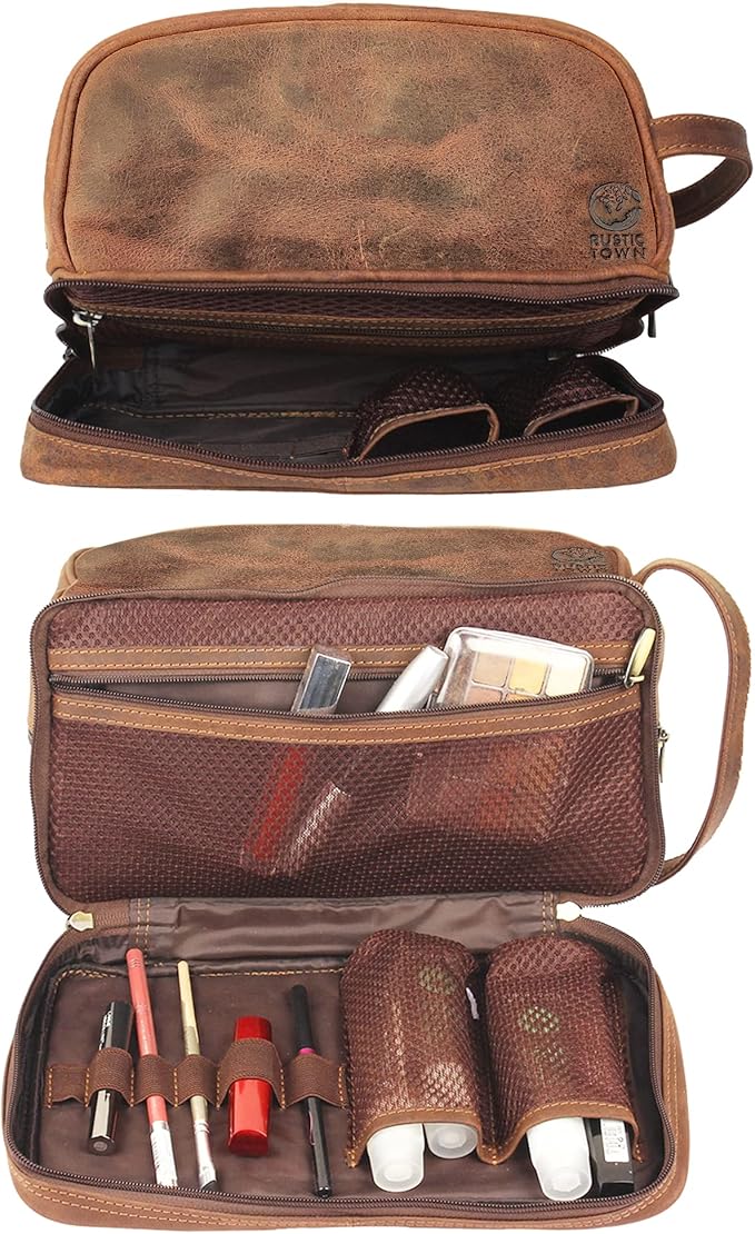 RUSTIC TOWN Leather Toiletry Bag for Men Travel Shaving Dopp Kit Toiletries Organizer Cosmetic Makeup Bag for Women
