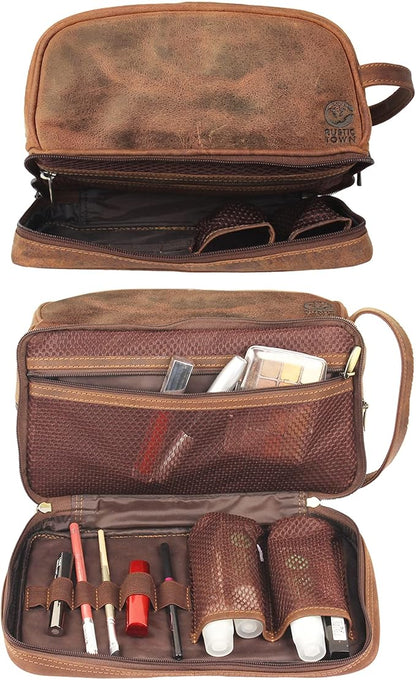 RUSTIC TOWN Leather Toiletry Bag for Men Travel Shaving Dopp Kit Toiletries Organizer Cosmetic Makeup Bag for Women