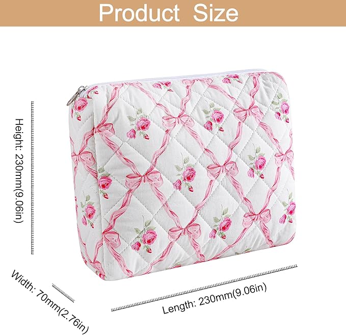 Quilted Cotton Makeup Bag Travel Cosmetic Bag for Women Girls, Zipper Make Up Pouch, Bow Pattern Toiletry Organizer Makeup, Portable Storage Bag (Large/Pink Bowknot)