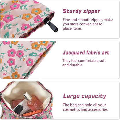 Daisy Flower Makeup Bag Travel Large Floral Cosmetic Bag for Women Cute Makeup Pouch Zipper Aesthetic Portable Toiletry Bags Skincare Organizer Bag Cosmetic Pouch for Purse(Orange and Pink)