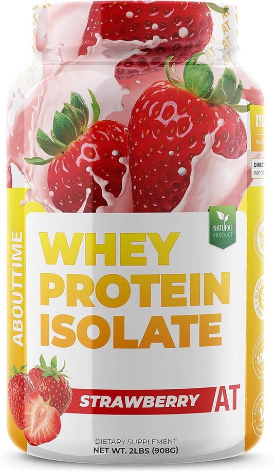 About Time Whey Protein Isolate Strawberry 2lb - 25g Protein, Non-GMO, 0g Fat, 0g Sugars, No Artificial Sweeteners, 32 Servings