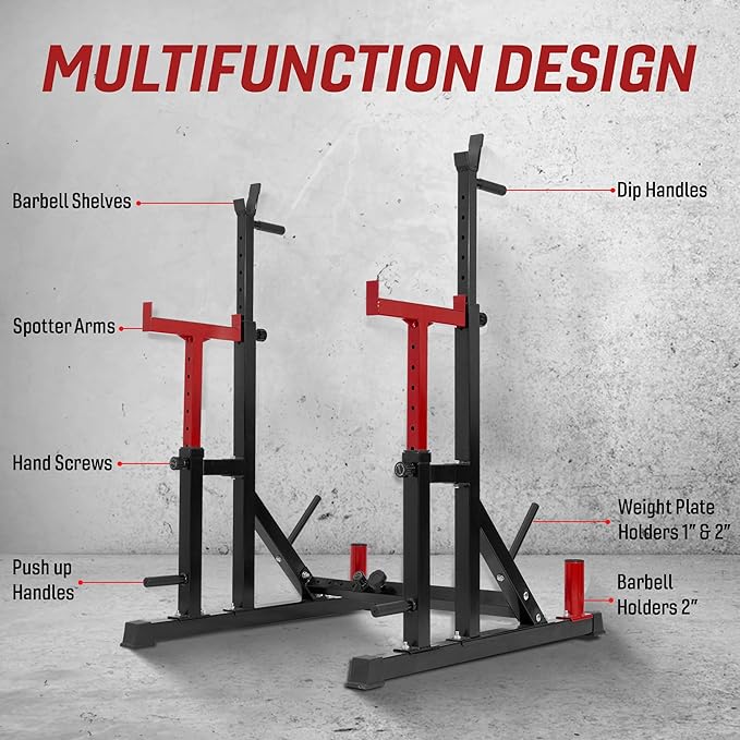 Yes4All Squat Rack for Home Gym, Adjustable Barbell Stand Rack, Multi-Function Weight Lifting, Dip Bar Station, Bench Press Rack Stand, Weight Plate Storage - Capacity Up to 600LBS