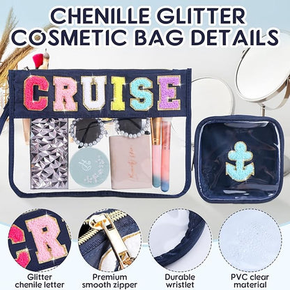 Hillban 2 Pcs Cruise Gifts Chenille Letter Bags Nautical Anchor Makeup Cosmetic Bags Sunscreen Clear Toiletry Travel Pouch Waterproof Purse Sailboat Cruise Survival Kit Portable Storage Organizer
