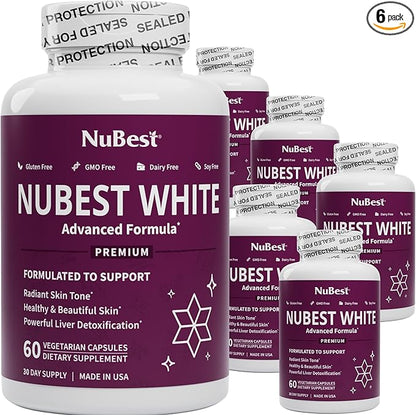 NuBest White - Glutathione 400mg & Milk Thistle Extract - Skin Brightening Supplement - Helps Beautiful and Radiant Skin - Antioxidant Supplement & Detoxification - 6 Pack | 6 Months Supply