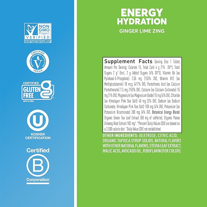 Nuun Hydration Energy Electrolyte Tablets with Caffeine, B Vitamins and Ginseng, Ginger Lime Zing, 5 Essential Electrolytes for Hydration, Vegan, Non-GMO, 8 Pack (80 Servings)
