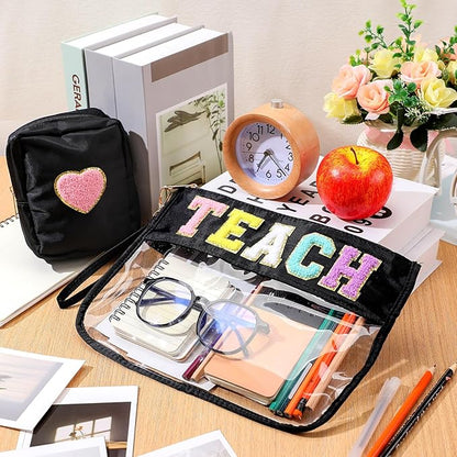 Hillban 2 Pcs Teacher Pencil Pouch Zipper Teacher Appreciation Gift Women Clear Makeup Cosmetic Bag Chenille Letter Bag Toiletry Travel Kit Accessories Waterproof Purse Grad Retirement Gift