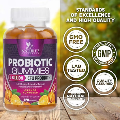 Probiotic Gummies for Digestive Health, Daily Probiotics for Women & Men, 5 Billion CFUs, Nature's Pro Biotics Gummy for Immune Support, Digestive Nutritional Supplements, Orange Flavor - 120 Gummies