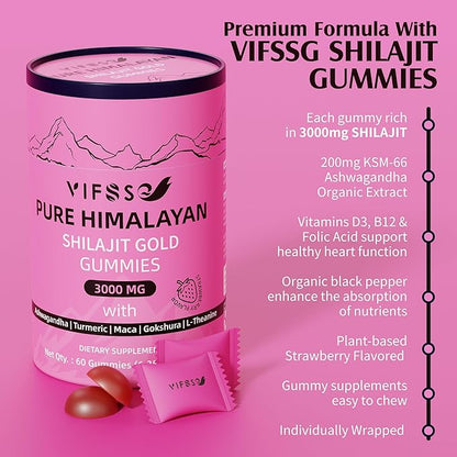 Shilajit Gummies, 3000 Mg Shilajit Pure Himalayan Organic with Ashwagandha, Turmeric Sugar-Free Gummies for Men and Women, Shilajit Supplement, Non-GMO Nature Shilajit for Energy, 60 Gummies