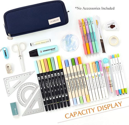 CICIMELON Large Capacity Pencil Case 3 Compartment Pouch Pen Bag for School Teen Girl Boy Men Women (Navy)