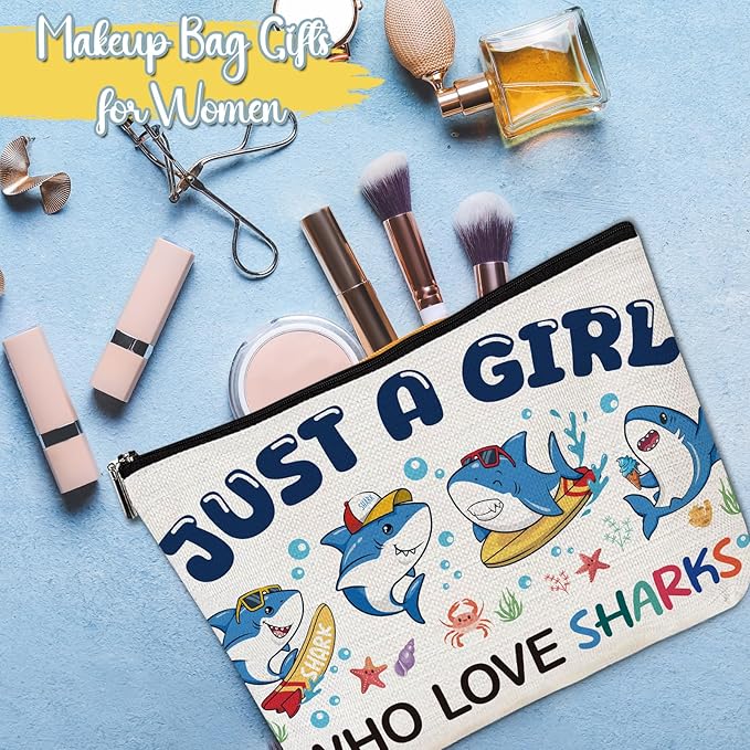 Shark Makeup Bag Gifts - Shark Lovers Gifts for Women Girls, Cartoon Ocean Creatures Cosmetic Toiletry Bag Pouch, Christmas Birthday Presents for Mom Sisters Daughter Besties Friends
