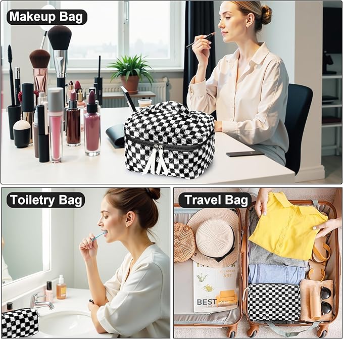 Quilted Makeup Bag Set, 3Pcs Large Checkered Corduroy Cosmetic Bags, Cute Coquette Makeup Bag Toiletry Zipper Pouch Bag for Women and Girls Checkered