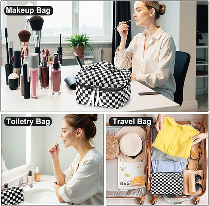 Quilted Makeup Bag Set, 3Pcs Large Checkered Corduroy Cosmetic Bags, Cute Coquette Makeup Bag Toiletry Zipper Pouch Bag for Women and Girls Checkered