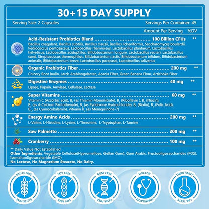 NATURE TARGET Probiotics for Men Digestive Health with Enzymes & Prebiotics, 100 Billion CFUs, Men's Probiotics with Saw Palmetto & Cranberry for Prostate & Urinary Tract Health, 90 Veggie Capsules
