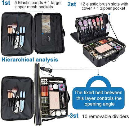 JOURMON Travel Makeup Case 3 Layers Portable Makeup Train Case Cosmetic Bag Organizer Storage for Women with Adjustable Dividers and Shoulder Strap for Toiletry Travel Accessories(Black, L)