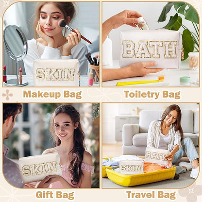 CY2SIDE SKIN Letter Makeup Bag - 2PCS SKIN and BATH Chenille Letter Patch Cosmetic Bag Preppy PU Leather Patch Pouch Waterproof Portable Zipper Travel Organizer Case Christmas Gifts for Women Girls