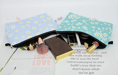 2 Pcs Cosmetic Bag for Women Small Make Up Bag Waterproof Travel Toiletries Pouch with Zipper for Organizing Small Items, Gift Bags for Birthday Christmas(Daisy Flower 2)