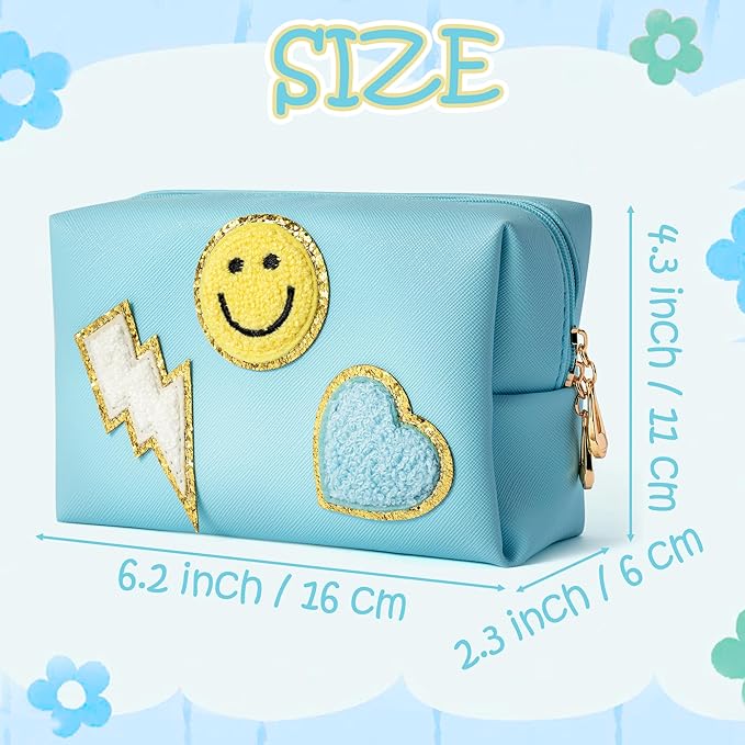 LieToi Preppy Patch Small Toiletry Bag, Smile Lightning Heart PU Leather Portable Waterproof Makeup Cosmetic Bag Daily Use Storage Purse Travel Organizer Compliant Bag for Women Girls (Canal Blue)