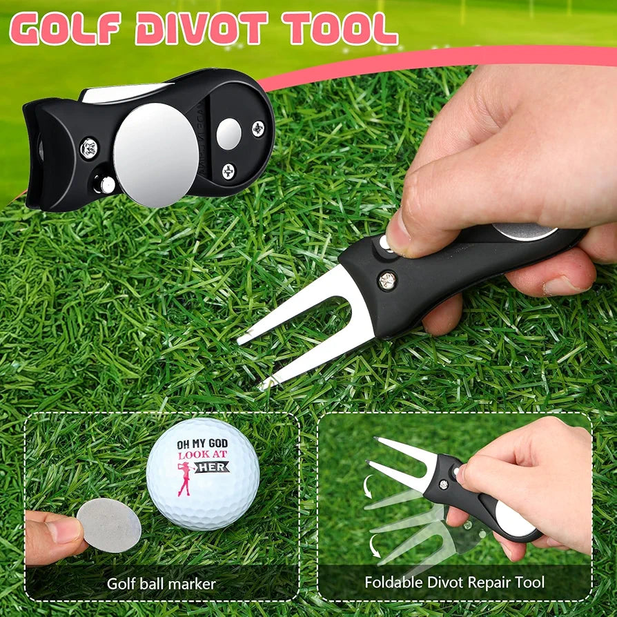 9 Pcs Golf Accessories Kit Golf Club Cleaning Kit Include Microfiber Towel, Cleaner Brush, Ball and Tee Holder, Divot Repair Tool, Ball Bag with Hook for Men Women Gifts