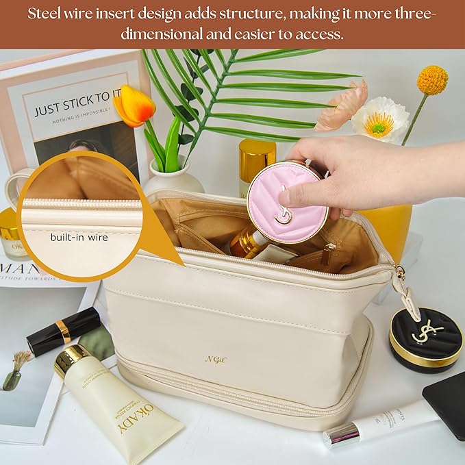 NGIL Faux Leather Cosmetic Bag for Women, Makeup Bag Organizer, Makeup Brush Storage, Portable Travel Bag for Toiletries (Solid, Beige, Medium)