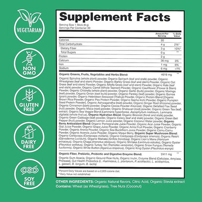 Zena Organic Super Greens Powder, 70+ Superfoods Drink Mix, 0 Sugar, 3G Fiber, Fruits, Veggies, Spirulina, Chlorella, Antioxidants, Pre & Probiotics, Digestive Enzymes, Mixed Berry Flavor, 30 Packets