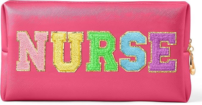 CY2SIDE NURSE Letter Makeup Bag - Colorful Chenille Letter Patch Cosmetic Bag Pink PU Leather Patch Travel Pouch Waterproof Portable Zipper Travel Organizer Case Christmas Gifts for Nurse Women
