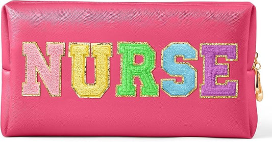 CY2SIDE NURSE Letter Makeup Bag - Colorful Chenille Letter Patch Cosmetic Bag Pink PU Leather Patch Travel Pouch Waterproof Portable Zipper Travel Organizer Case Christmas Gifts for Nurse Women