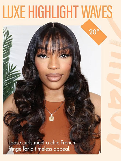 GORGIUS Glueless Wavy Wig with Bangs Highlight Brown Synthetic Curtain Bang Wig with Realistic Scalp 22 Inch