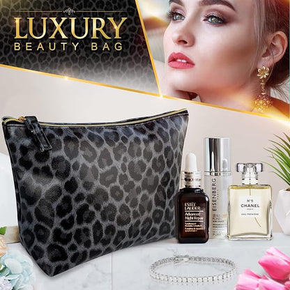 Vegan Leather Black Leopard Print Makeup Bag for Purse Make Up Bag - Cute Travel Accessories Small Cosmetic Zipper Pouch - Girly Girl Stuff Black Cheetah Print Gifts for Women Girls Aesthetic Things