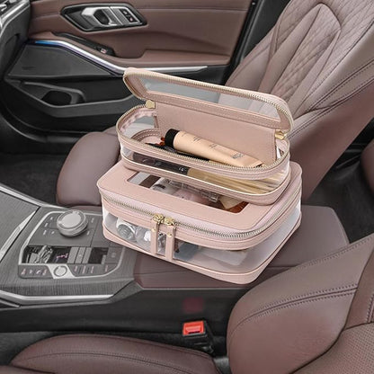 Travel Clear Makeup Bag with Brush Case TSA Approved Toiletry Bag Waterproof Cosmetic Organizer Car Essential for Women (Pink, M+SLIM)