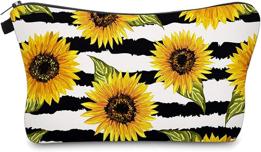 Cute Travel Makeup Bag Cosmetic Bag Small Pouch Gift for Women (Stripes Sunflowers)