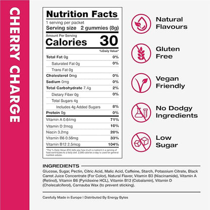 Energy Bytes Caffeine Gummies | Instant Energy Chews for Running, Cycling and Sports Performance | Vegan, Low Sugar | Cherry Charge (12-Pack)