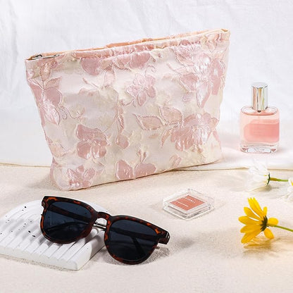 Flower Makeup Bag Travel Large Floral Cosmetic Bags for Women Cute Makeup Pouch Zipper Cosmetic Pouch for Purse Embossed Pink Aesthetic Make up Organizer Bag Portable Toiletry Bag