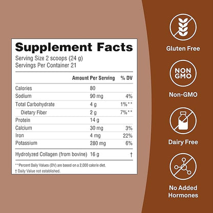 Organika Chocolate Enhanced Collagen - Grass-Fed Collagen with Real Cocoa, Sugar-Free, Type I and III, for Healthy Hair, Skin, Nails, Joints - 17.78 oz