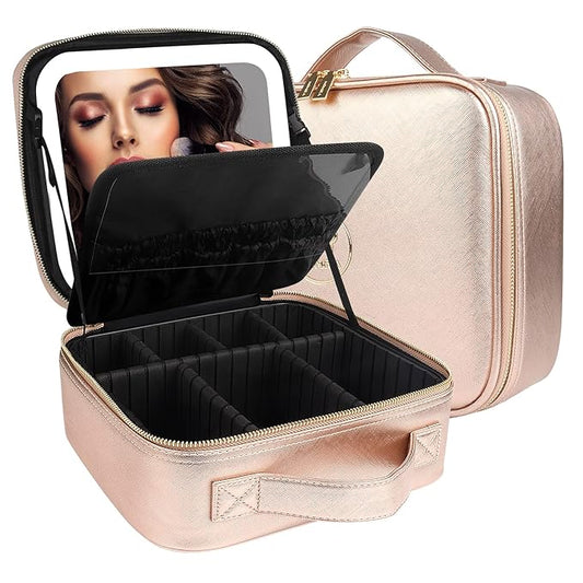 MOMIRA Travel Cosmetic Train Case with Lighted Mirror 3 Color Scenarios Cosmetic Bag Organizer with Adjustable Dividers Makeup Storage for Women, Makeup Accessories & Tools Case Champagne