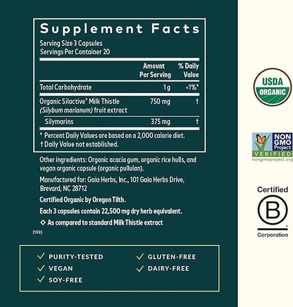 Gaia Herbs Milk Thistle - Liver Supplement & Cleanse Support for Maintaining Healthy Liver Function* - 60 Vegan Capsules (20-Day Supply)